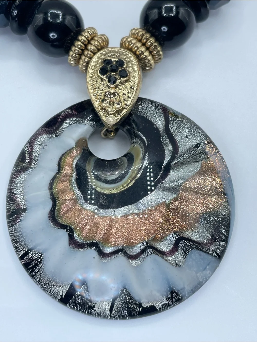 Gold Tone Black Glass Beaded Cord Necklace Murano Style Medallion Statement